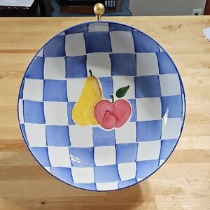 🍎​🍐 Cooks Club Appleton 13" Blue Checkered Fruit Serving Bowl Ceramic